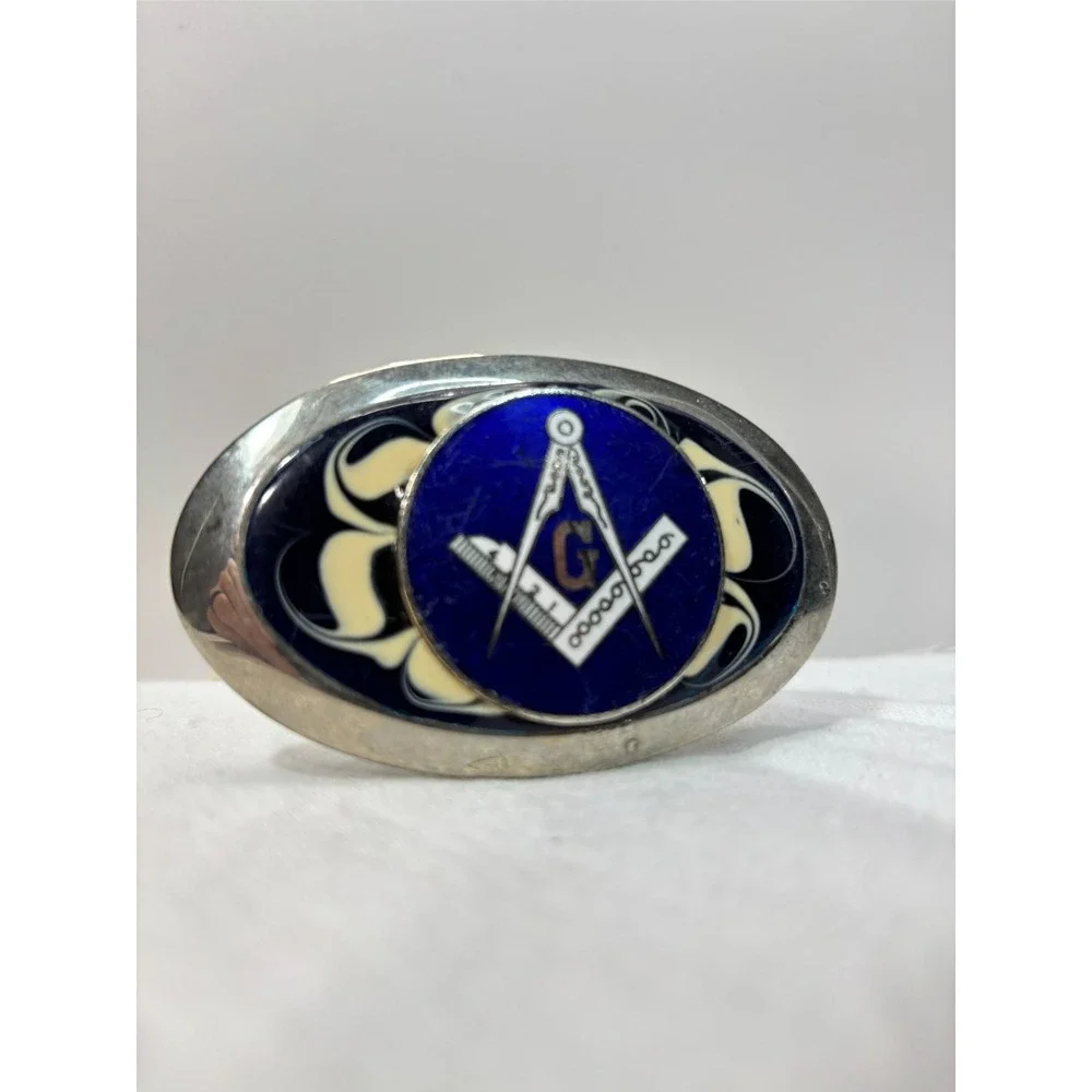 Vintage Masonic Freemason Belt Buckle Metal and Enamel Oval